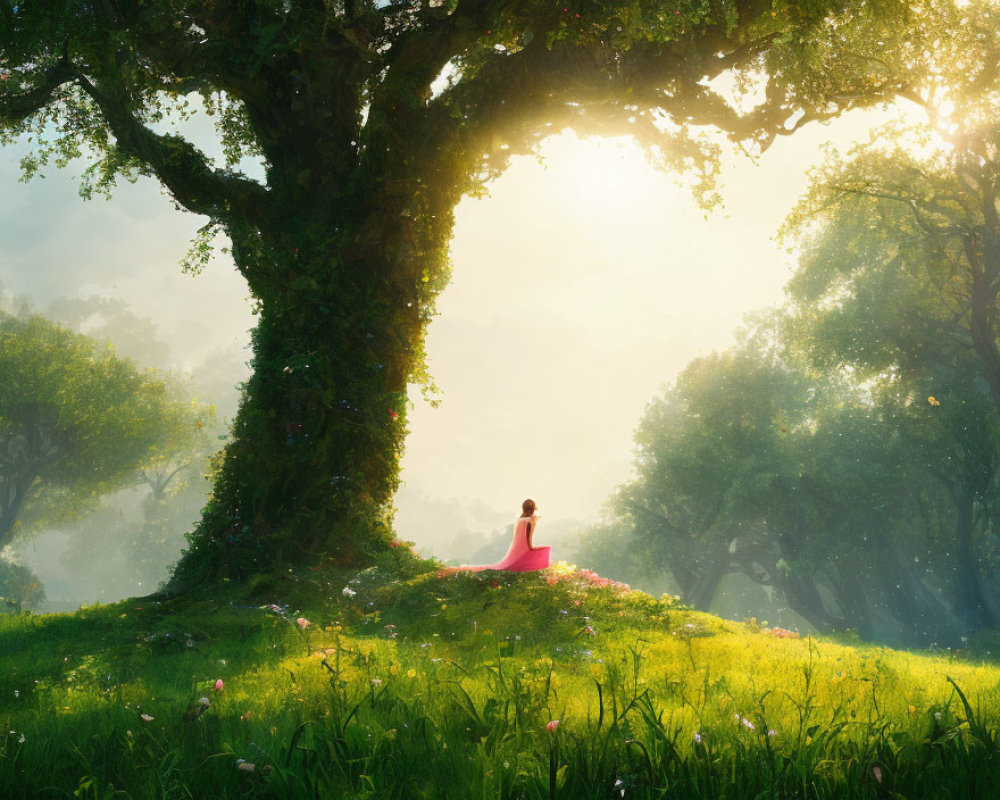 Woman in Pink Dress Relaxing Under Large Tree in Sunlit Forest Clearing