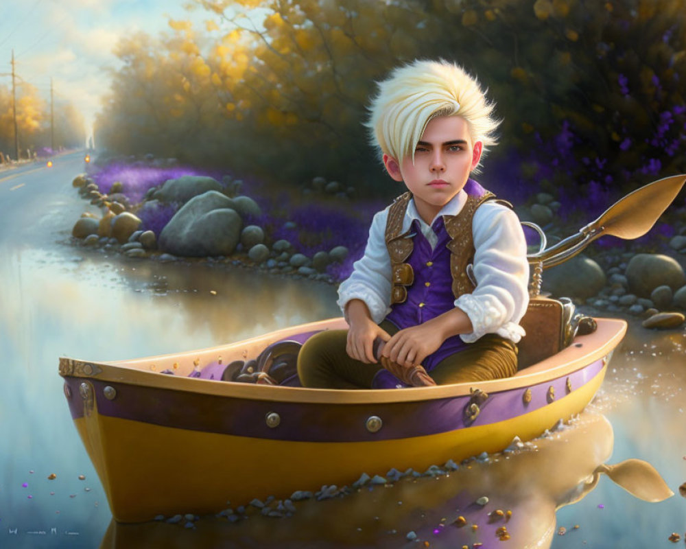 Stylized young boy with blond hair in boat-shaped like eggshell in mystical landscape