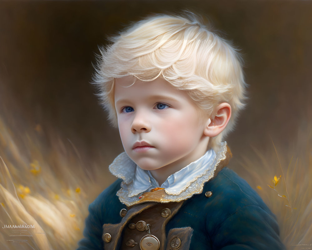 Young Child Portrait: Blond Hair, Blue Eyes, Vintage Blue Coat