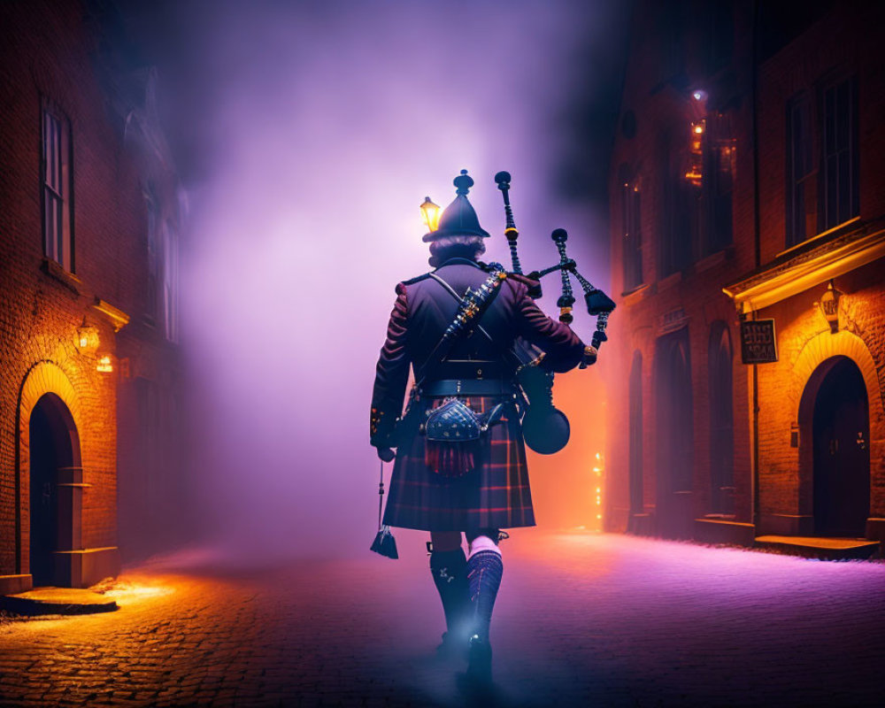 Traditional Scottish bagpiper in misty alley at night with warm streetlights