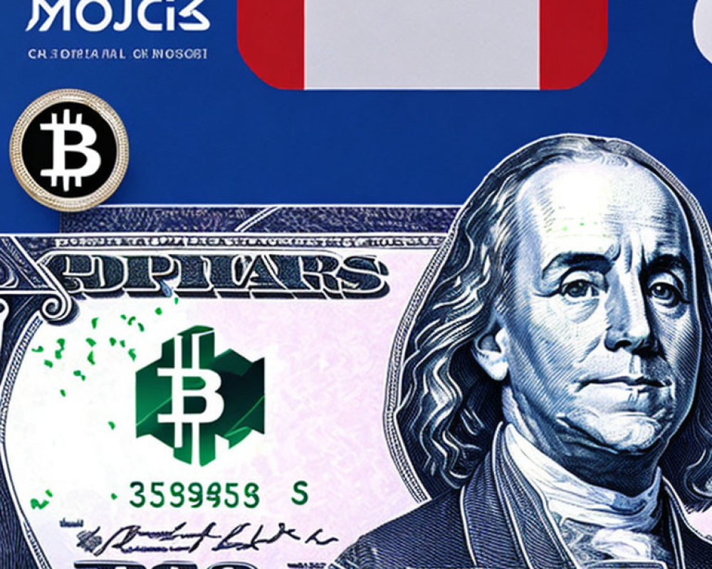 Collage featuring US dollar bill with Benjamin Franklin alongside Bitcoin and Cash App symbols