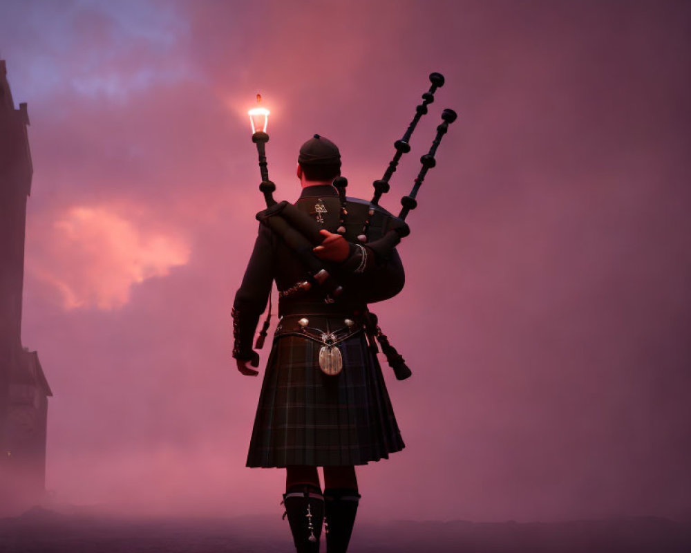 Traditional Scottish man in kilt playing bagpipes in misty streetlamp scene