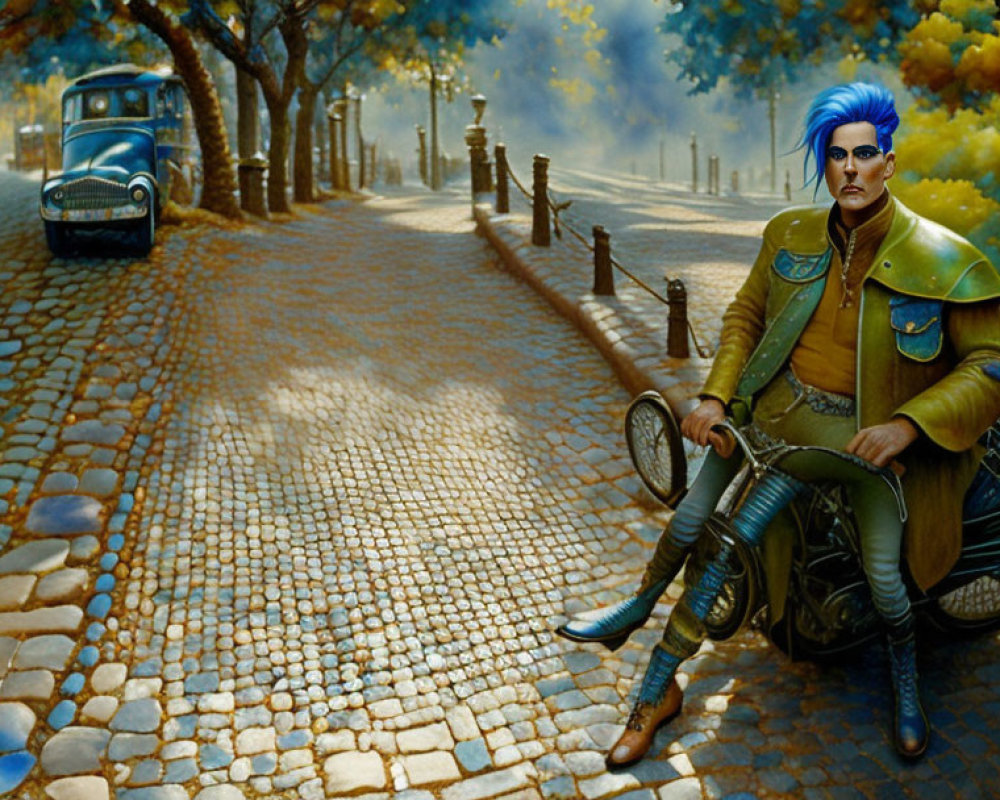 Blue-haired person on motorcycle with vintage car in background