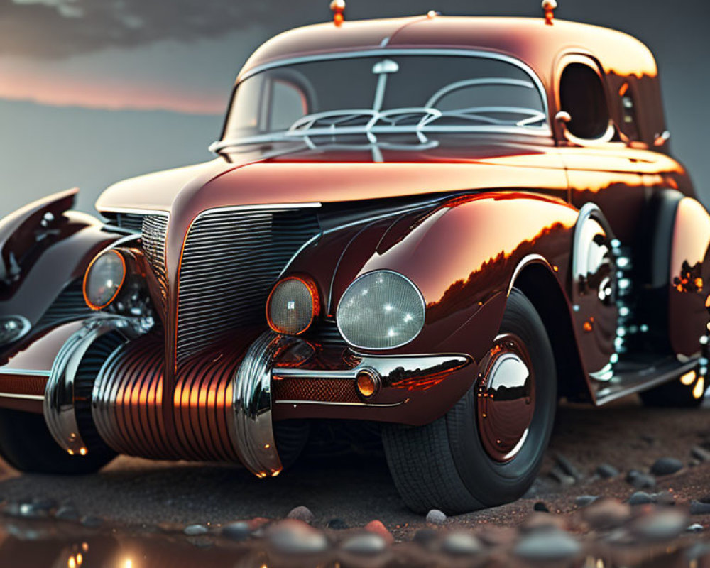 Vintage Red Car with Chrome Details Parked on Stony Surface at Sunset