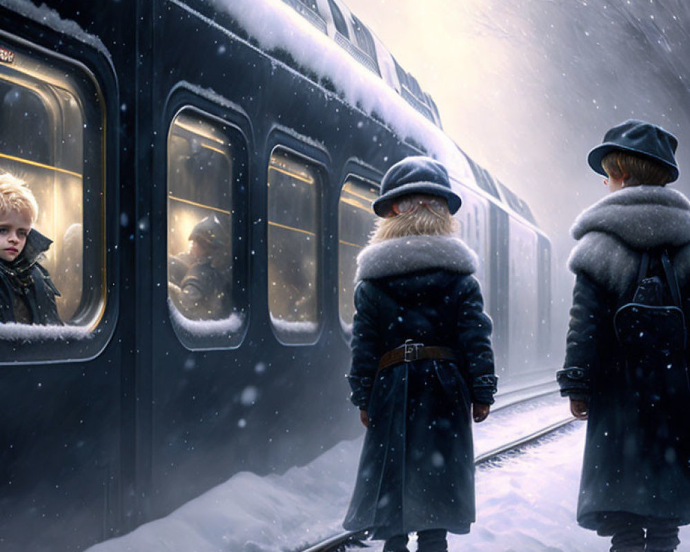 Children in winter coats on snowy train platform watching train in falling snowflakes