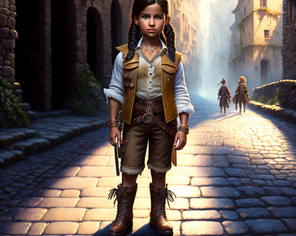 Animated young girl in medieval attire on cobblestone street