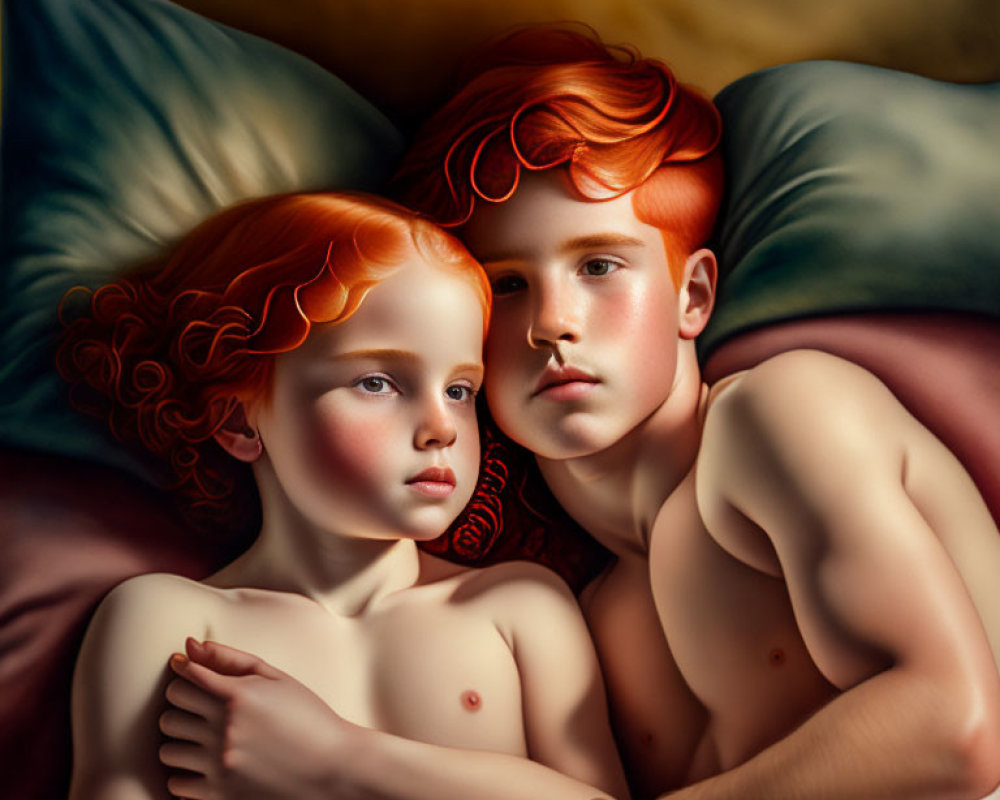 Red-Haired Boy and Girl Lying Together on Pillows in Warm Light