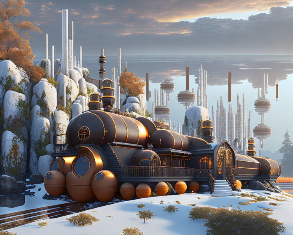 Steampunk-style train in orange and black on snowy landscape with futuristic towers.