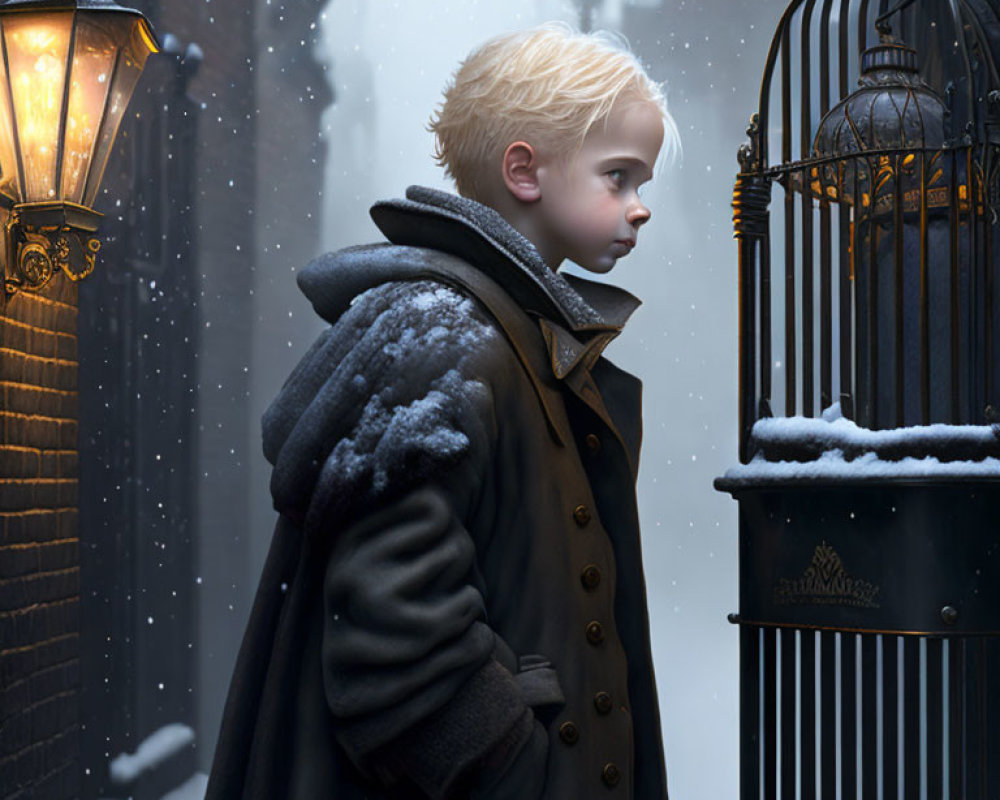 Blond-haired boy in dark coat by street lamp and birdcage in snowfall