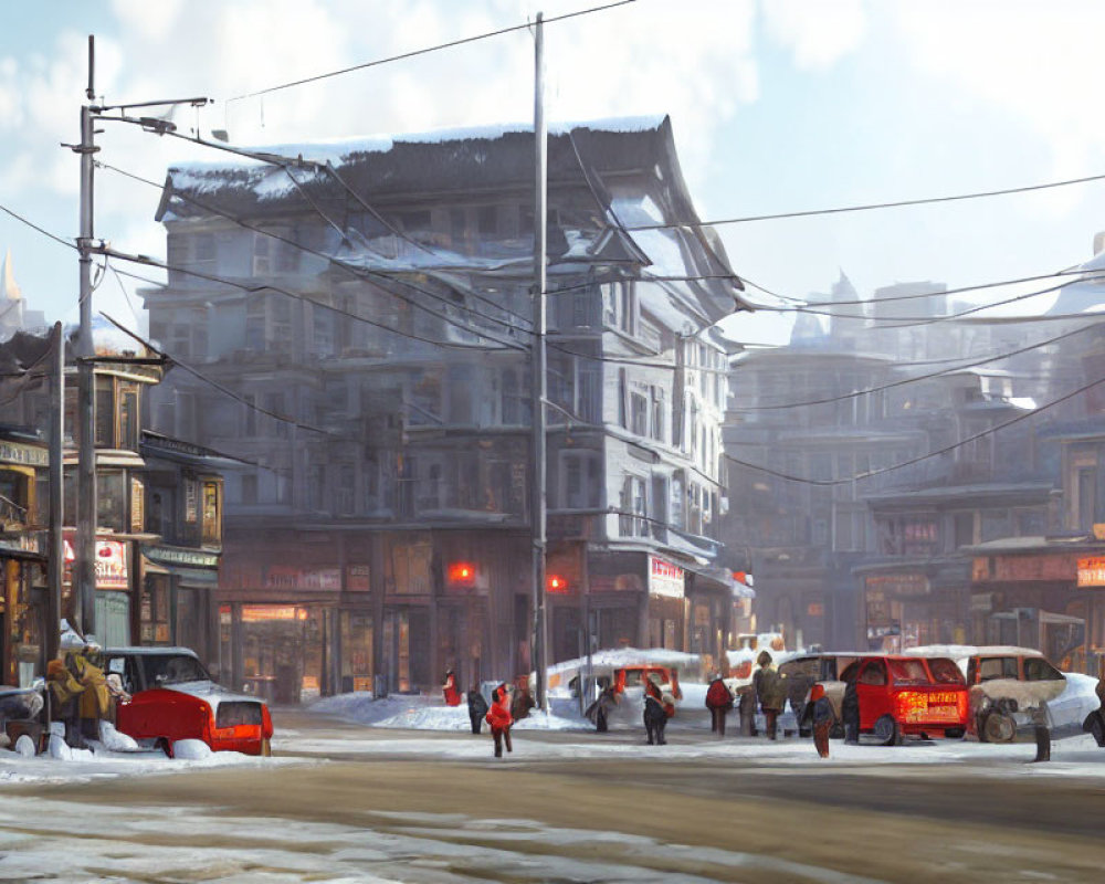 Vintage cars and people on snowy city street with old buildings