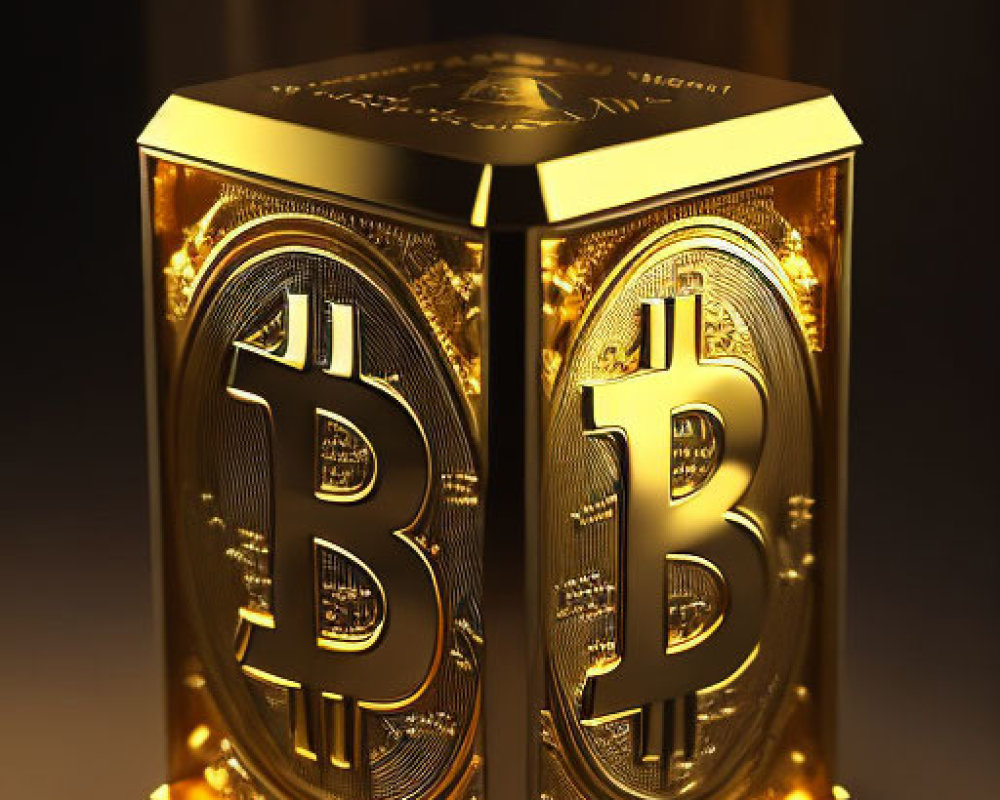 Golden Bitcoin Symbol Engraved Cube on Dark Background