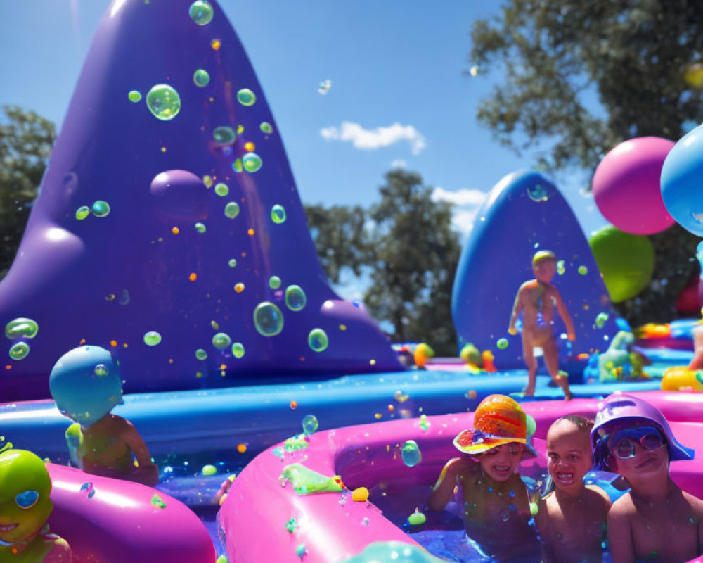 Vibrant Inflatable Water Park for Kids on Sunny Day