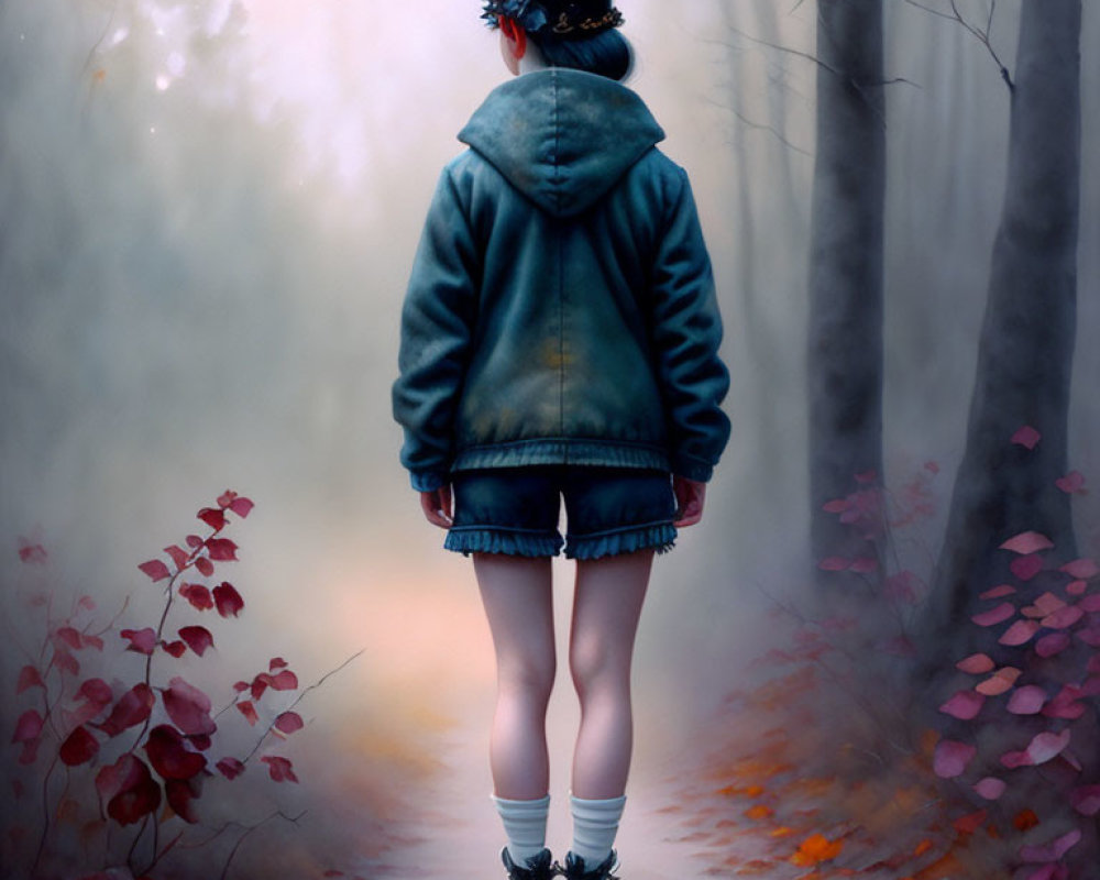 Girl in Blue Jacket with Daisy in Hair Standing in Misty Forest