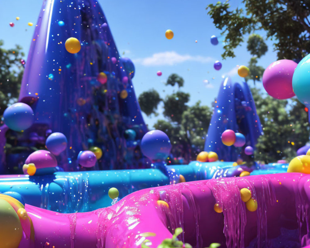 Vibrant surreal landscape with purple goo and bouncing balls under blue sky