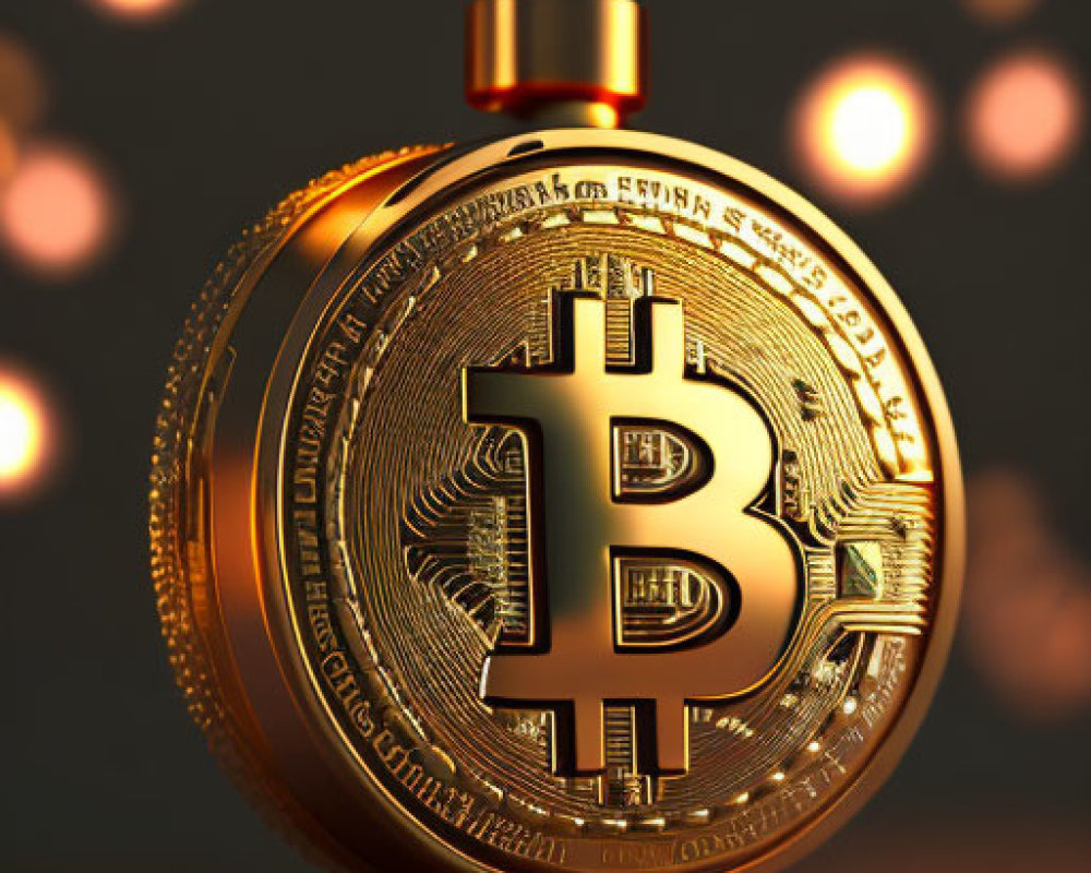 Detailed Vertical Image of Golden Bitcoin Medallion with Bokeh Lights