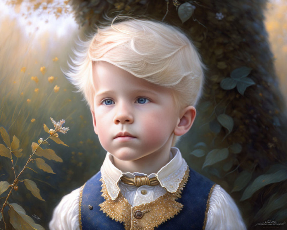 Blonde Child in Blue and Gold Vintage Attire in Dreamy Natural Setting