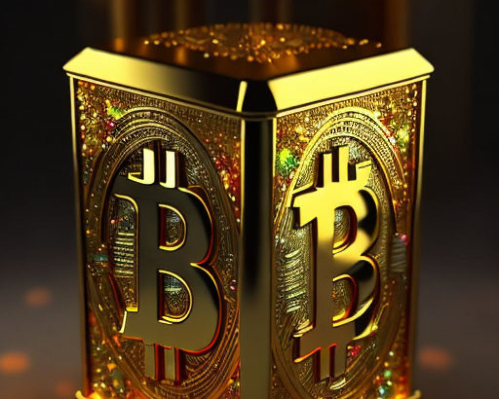 Luxurious Golden Bitcoin Pedestal with Shimmering Coins