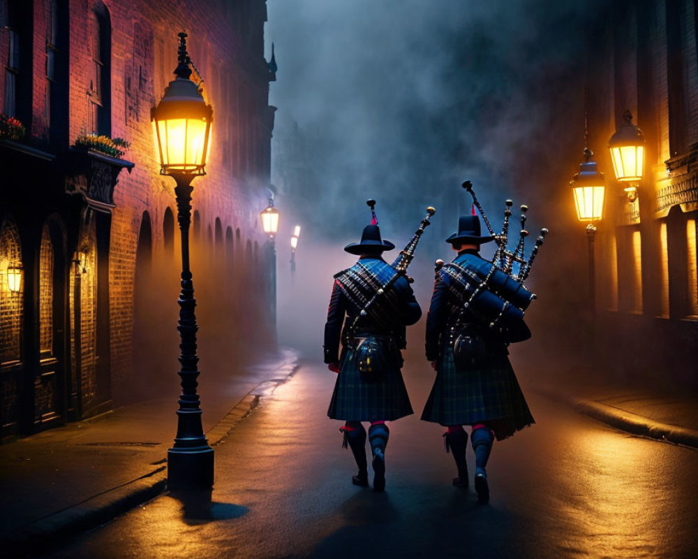 Traditional Tartan Kilt Bagpipers in Misty Dusk Street