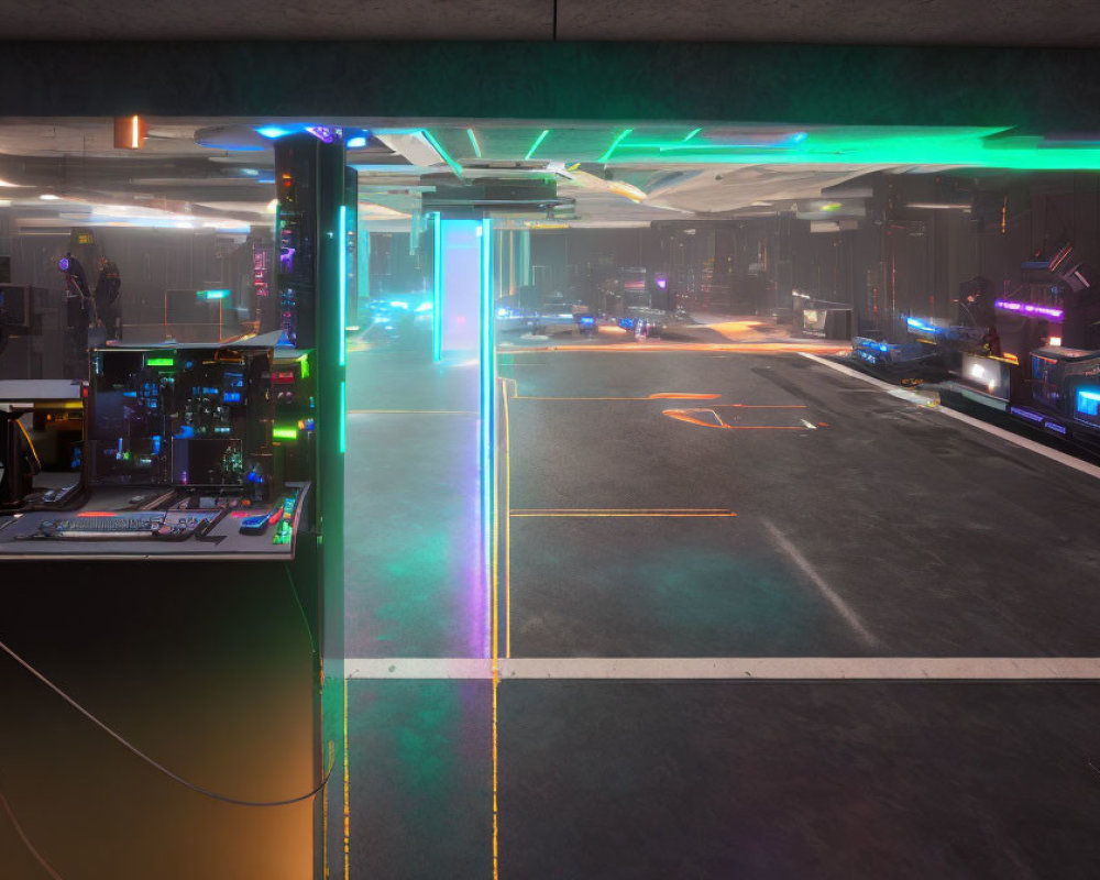 Futuristic interior with neon lights and digital displays