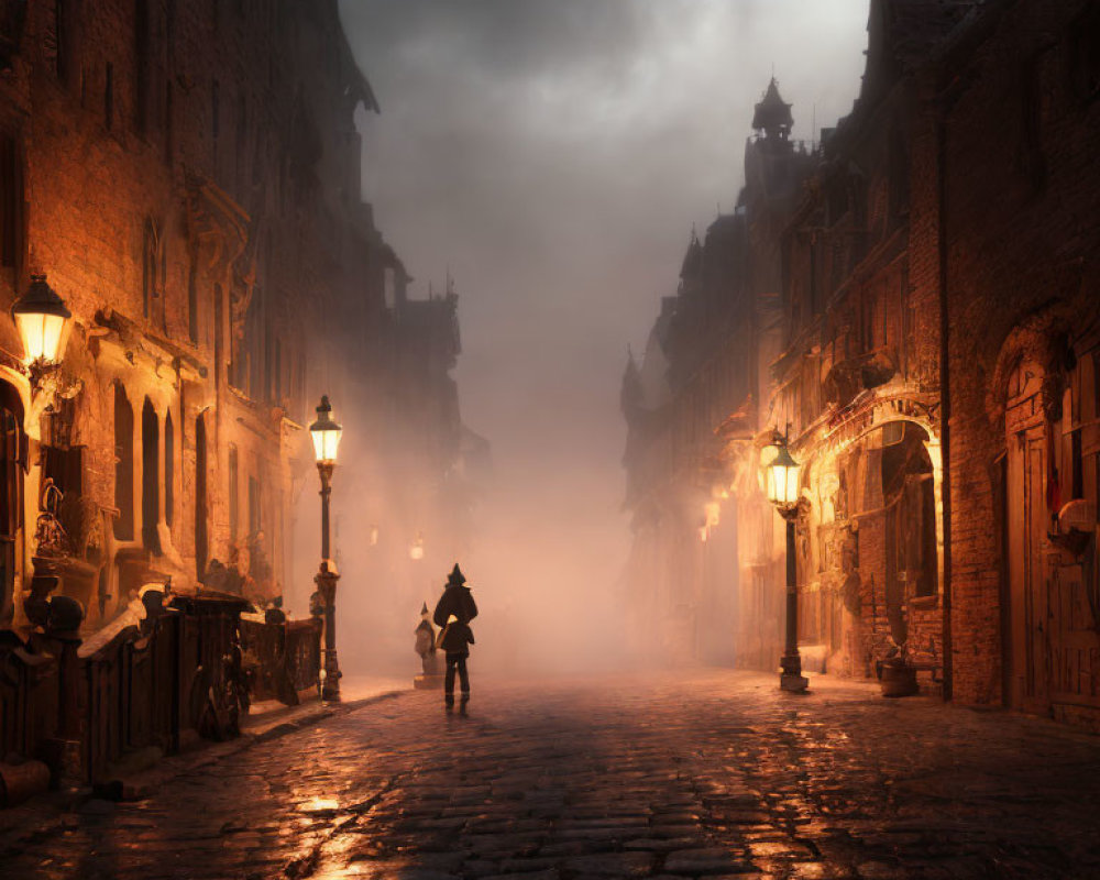 Person walking on misty cobblestone street at twilight