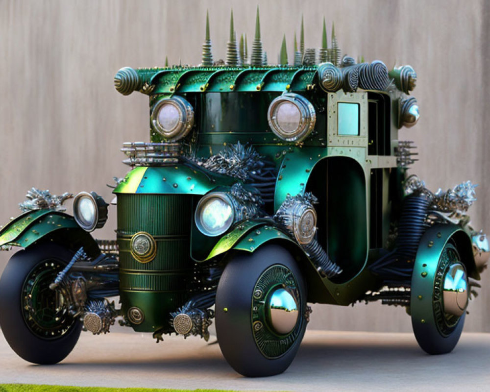 Intricate steampunk-style vehicle with metalwork, spikes, gears, and green accents parked