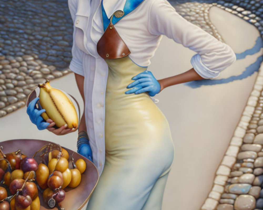 Blue-Haired Female Character in Historical Clothing with Fruit Bowl on Cobblestone Street