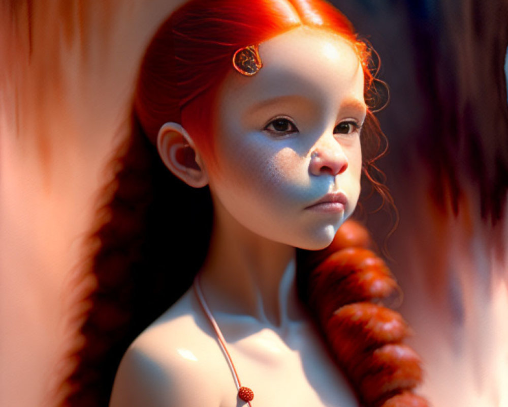 Digital artwork: Young girl with red hair, intricate braid, orange hair accessory, fair skin,