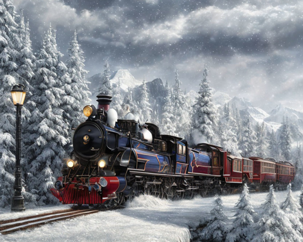 Snow-covered vintage train on track with snowy fir trees, mountains, and falling snowflakes.