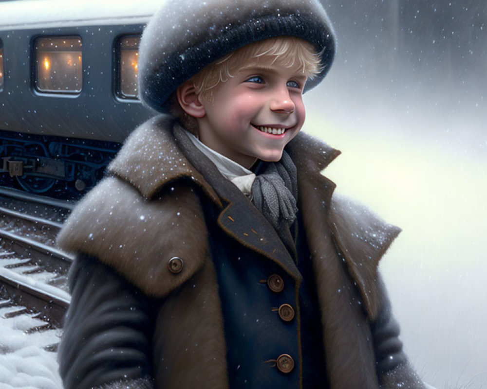 Young boy in winter attire with train and snowflakes background