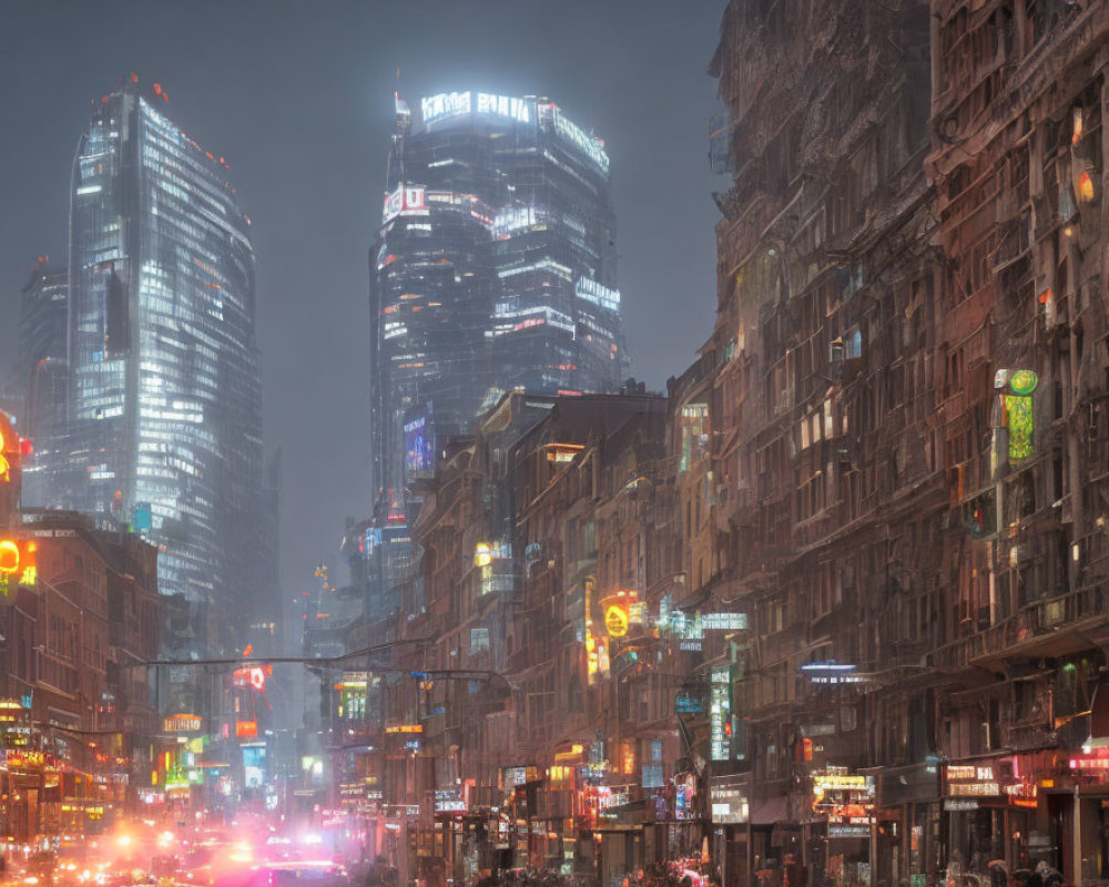 Nighttime futuristic cityscape with neon signs, misty skyscrapers, and bustling streets.