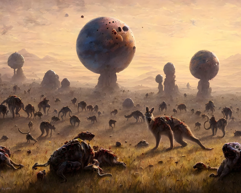 Surreal landscape with floating rocky spheres and alien creatures