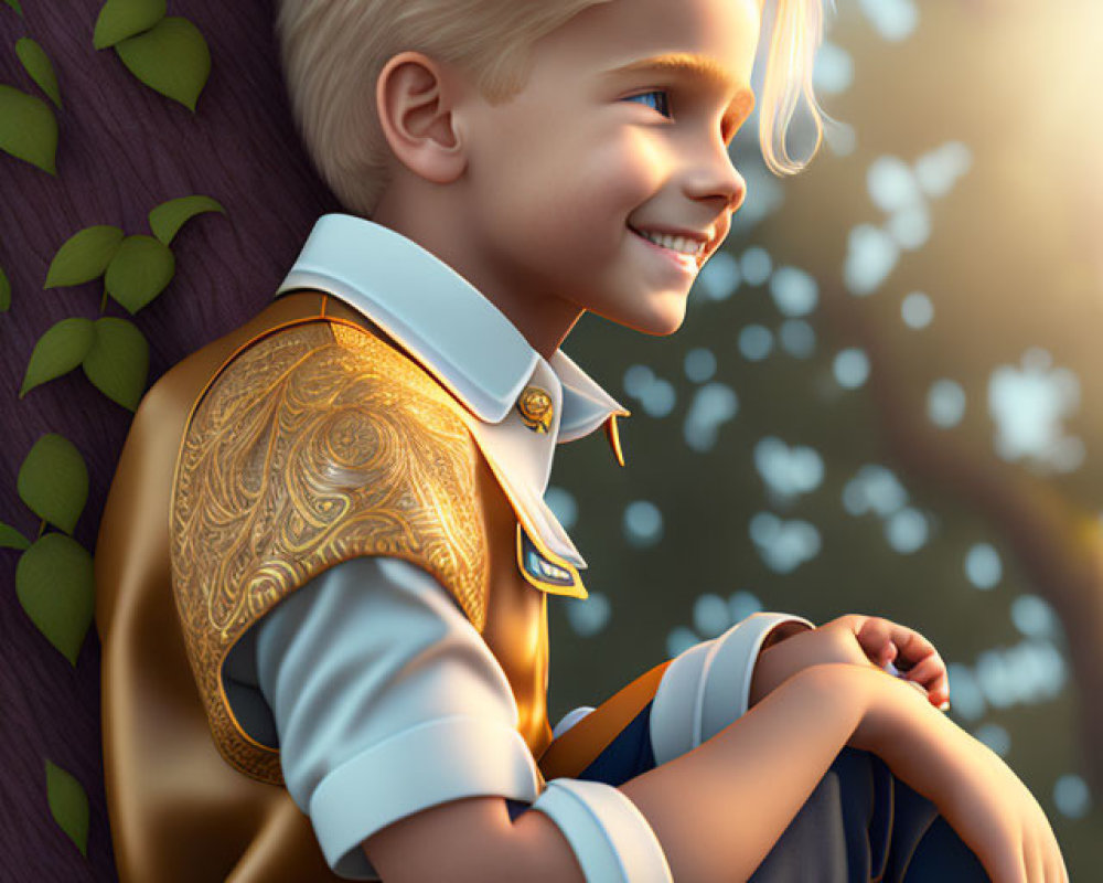 Blond boy in prince costume under golden sunlight by tree