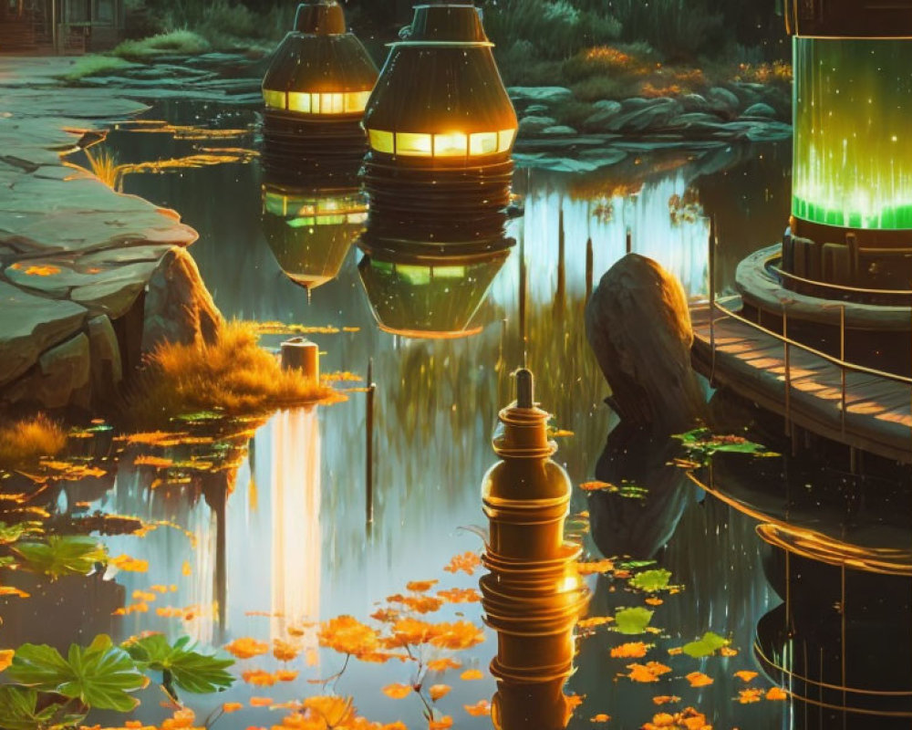 Tranquil pond scene with lanterns, fallen leaves, stone path, and chess sculpture