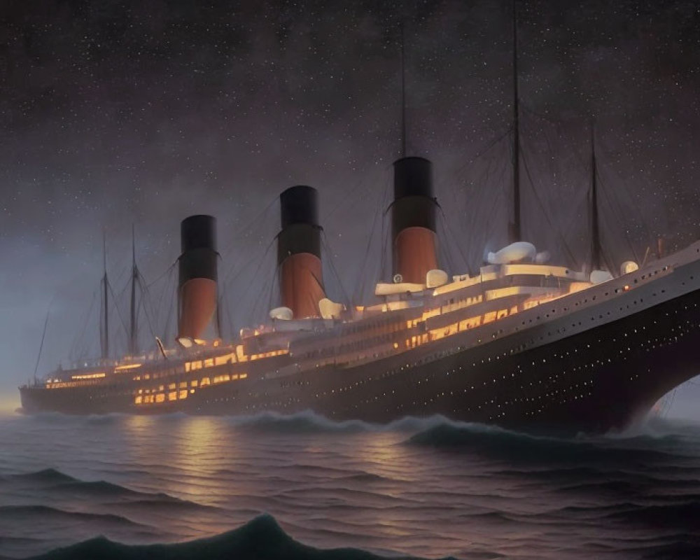 Vintage Ocean Liner Sailing in Calm Seas at Night