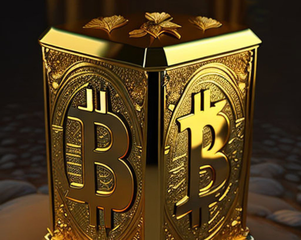 Glossy ornate trash bin with gold accents and Bitcoin logo by reflective water.