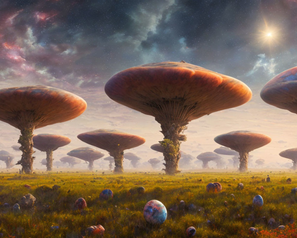 Surreal landscape with giant mushroom structures under starry sky