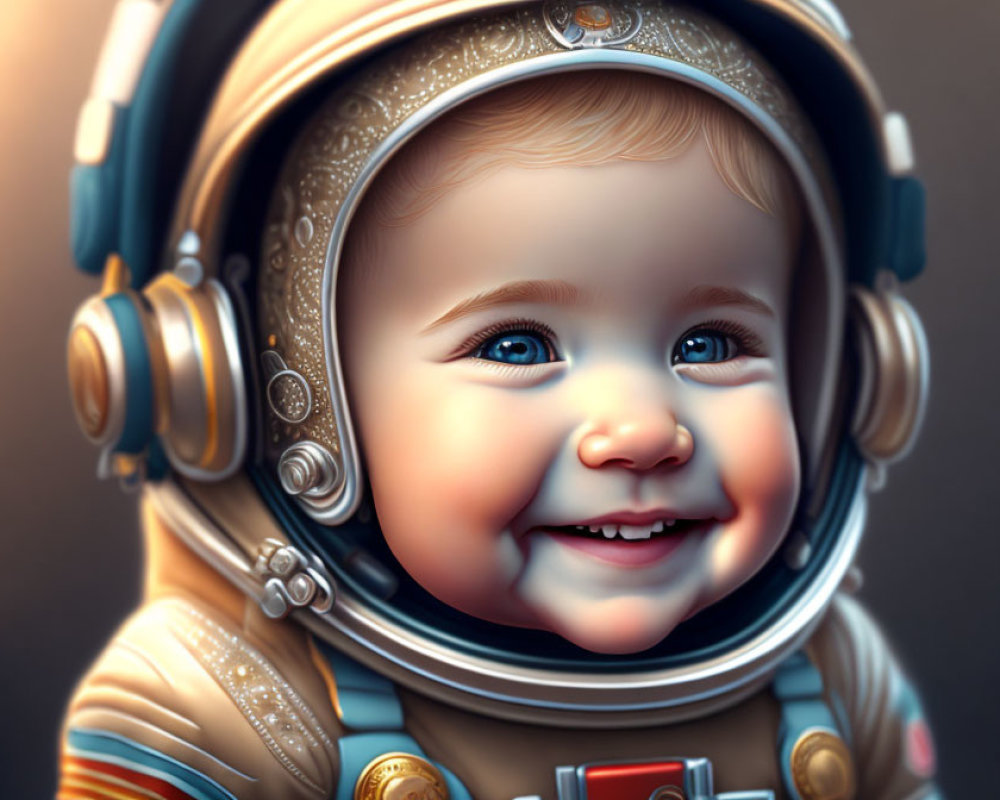 Smiling baby in detailed astronaut helmet and suit with glowing face