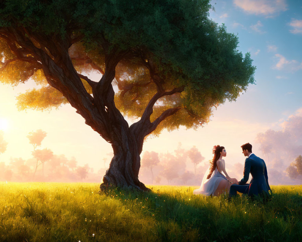 Romantic couple under tree in sunlit field with sunset background