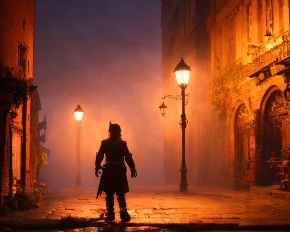 Mysterious figure in misty night street with historical buildings