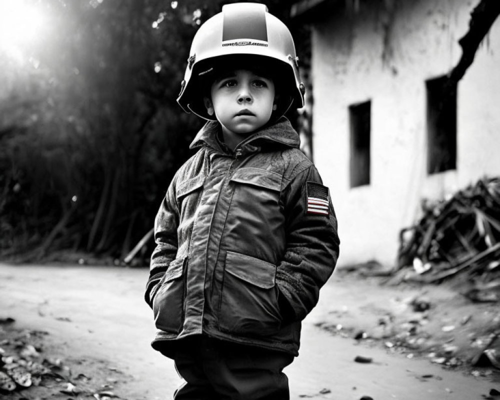 Child in oversized firefighter helmet and American flag jacket in rustic background.