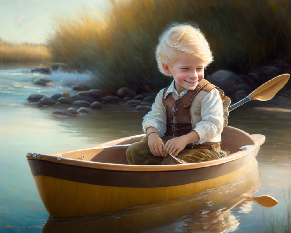 Blonde Child Rowing Wooden Boat Near Reeds in Golden Light