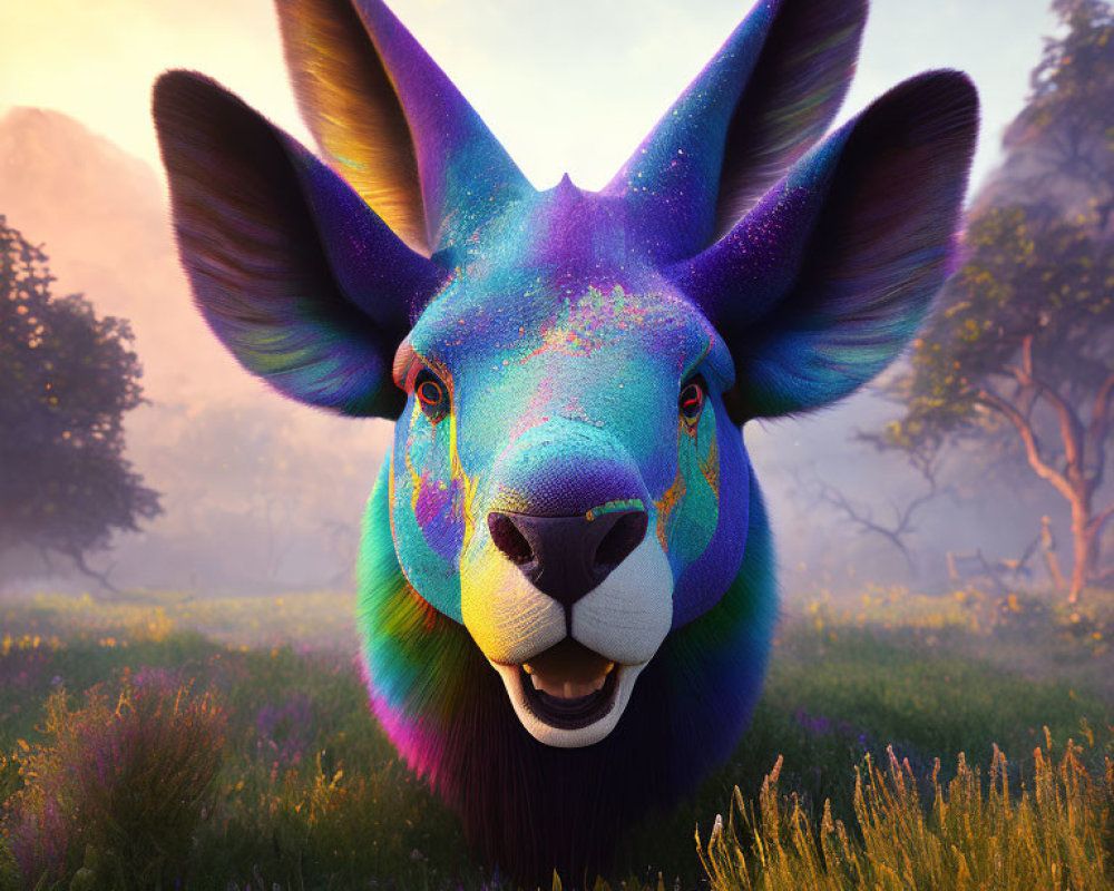 Colorful Kangaroo Head Artwork Against Misty Meadow Background