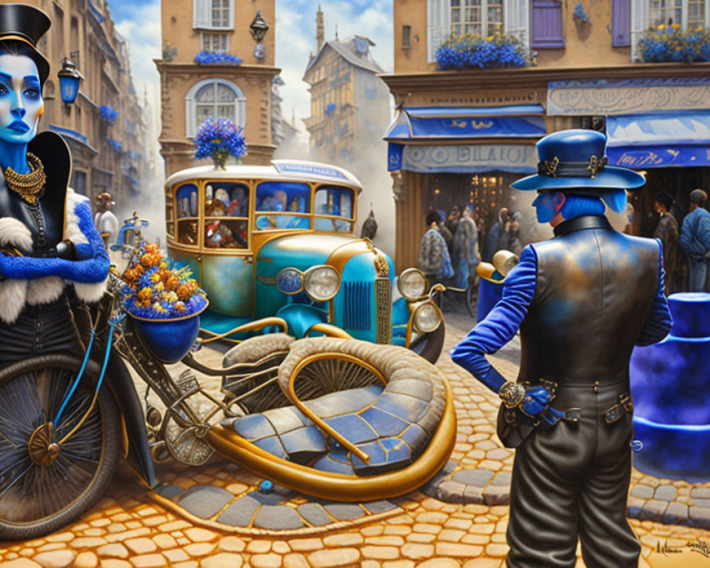 Vibrant blue outfits on a woman and man with classic car and bike in charming Parisian street