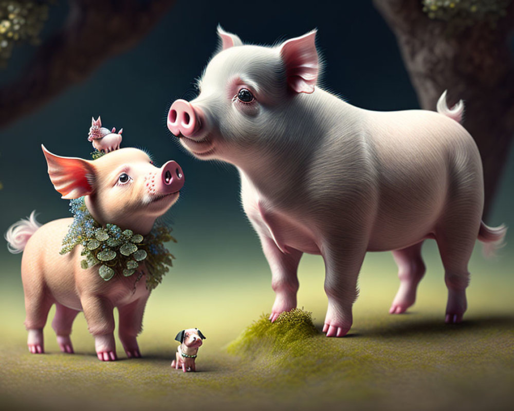 Stylized anthropomorphic pigs with floral accessories under trees