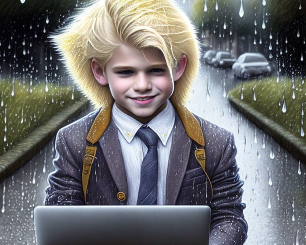 Blond-Haired Boy in Smart Attire with Laptop on Rainy Street