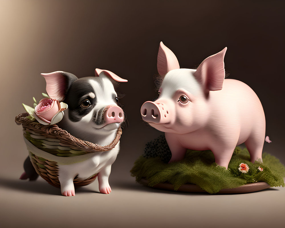 Cartoon pigs in whimsical, realistic style with flowers, fruits, and mushroom.