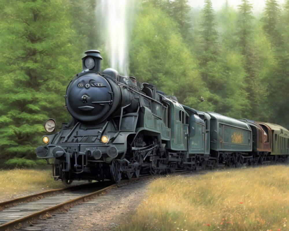 Vintage steam locomotive pulls passenger cars through misty forest