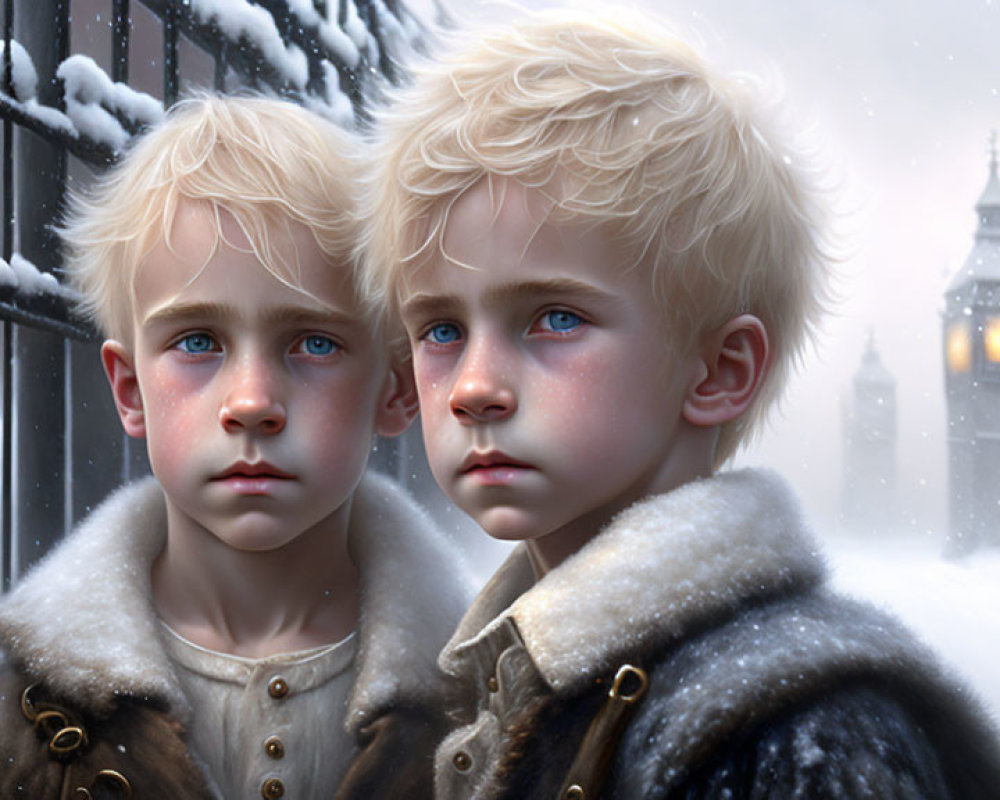 Young children in vintage winter attire with striking blue eyes against snowy Big Ben backdrop