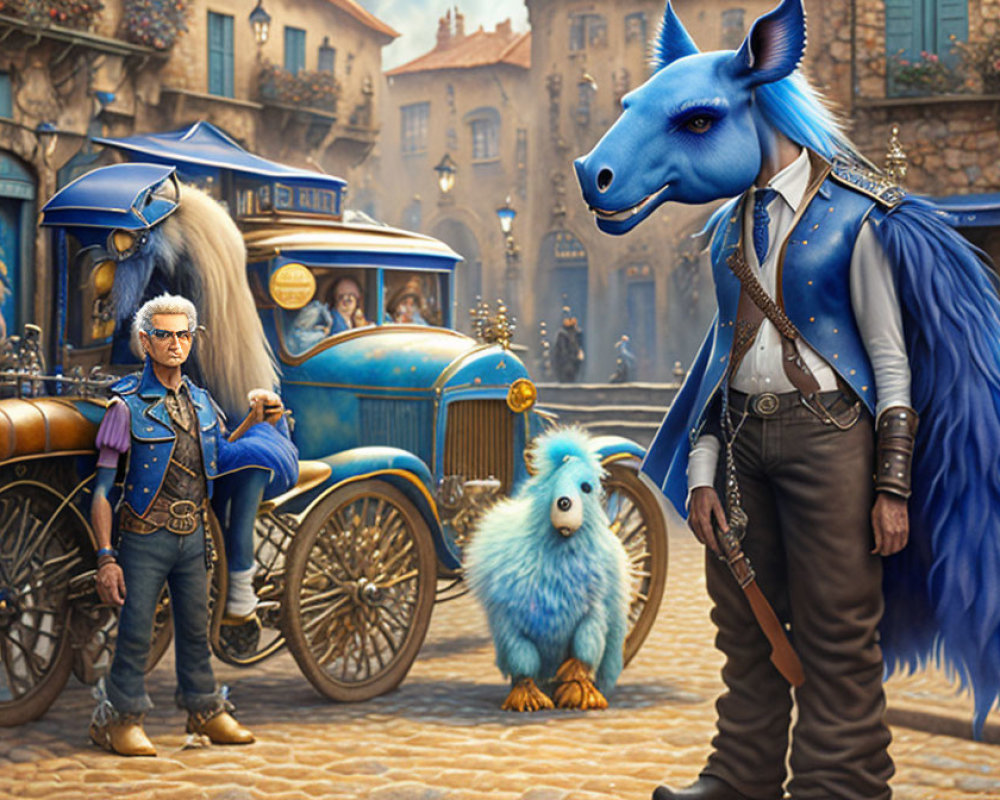 Blue horse-like creature, small fluffy companion, person with silver hair in vintage cityscape with old car