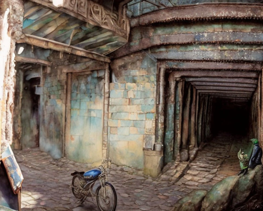 Ancient stone corridor with moss, old motorcycle, greenery, and distant figure